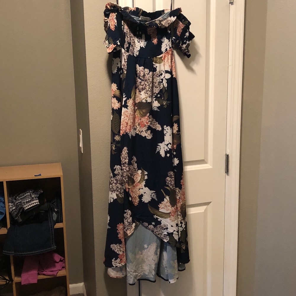 Floral Maxi Dress, off the shoulder straps & slit